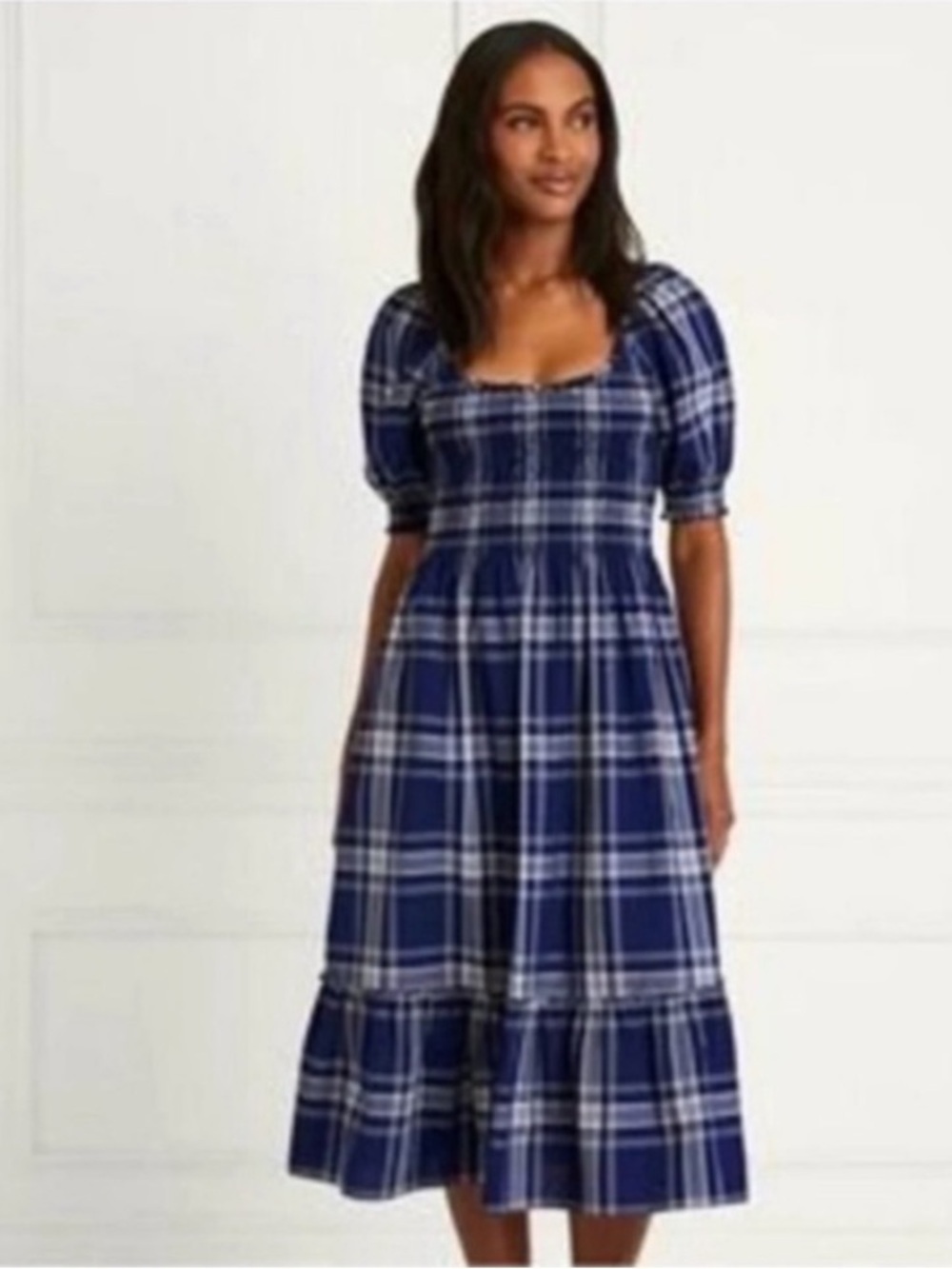 Hill House Navy Plaid Puff-Sleeve Cotton Nap Midi Dress Size Medium